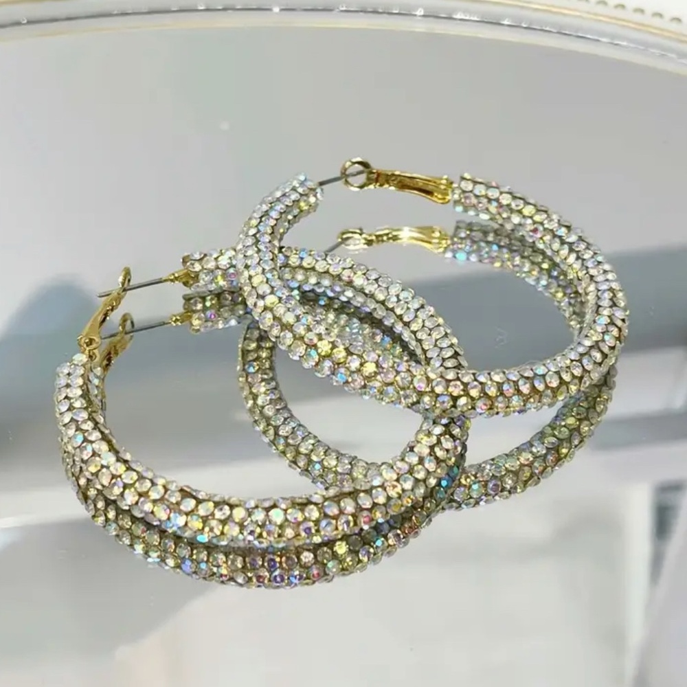 Sparkly 18K Gold Filled w/Rhinestones Thick Hoop Earrings